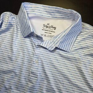 Way Short Golf Mens XL Performance Polo Shirt Blue White Wave Print US AM TOUR
